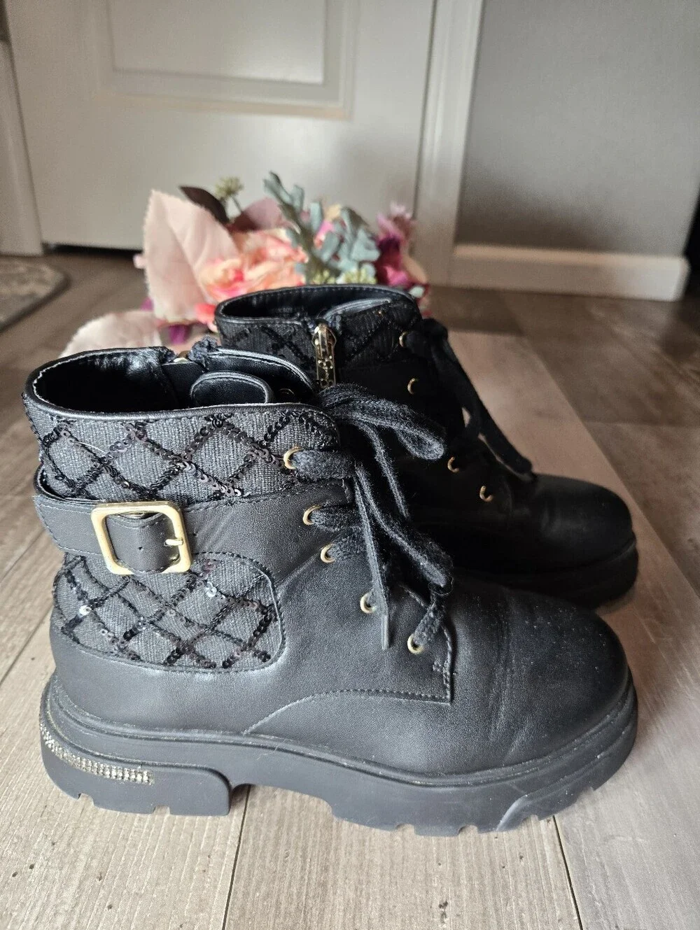 Jessica Simpson Big Girls Rosa Buckle Moto Boot Size 4 Black Quilted Sequins